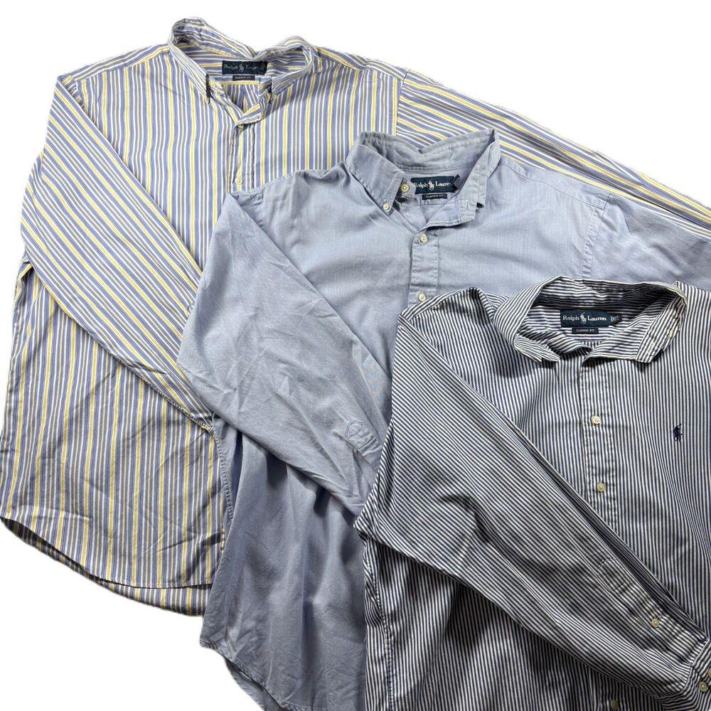Ralph Lauren Men Button Down Shirt LOT Blue Stripe Solid 17 17 1/2 XL M298